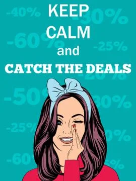 Retro style illustration with message "Keep calm and catch the deals" Stock Illustration