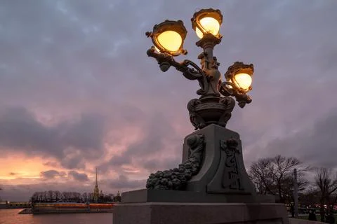 Retro style lantern on The Trinity Bridge in Saint-Petersburg. Russia Stock Photos