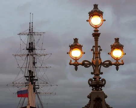 Retro style lantern on The Trinity Bridge in Saint-Petersburg. Russia Stock Photos
