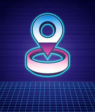 Retro style Map pin icon isolated futuristic landscape background. Navigation Illustrazione stock