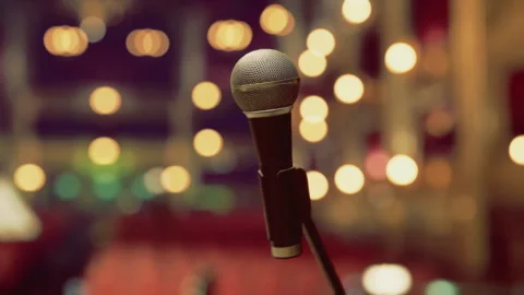 Retro style microphone sets mood for evening jazz performance Stock Footage 342431670