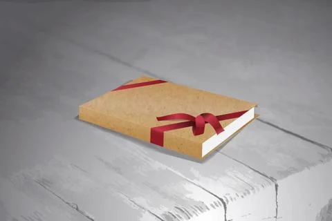 Retro style notepad with red ribbon. on a wooden background Stock Illustration