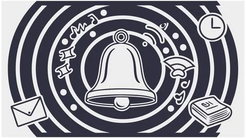 Retro Style Notification Bell Design with Clock Email Music and Wifi Symbols Stock Illustration