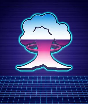 Retro style Nuclear explosion icon isolated futuristic landscape background Stock Illustration