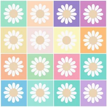 Retro style pattern with simple daisy flowers in pastel colour grid Stock Illustration