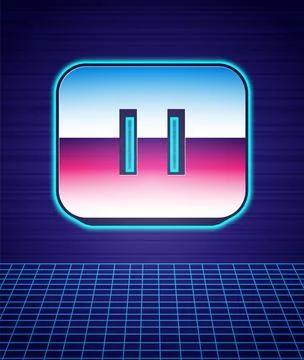 Retro style Pause button icon isolated futuristic landscape background. 80s f Stock Illustration