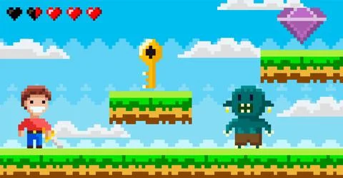 Retro-style pixel art video game scene with a character, key, and monster on  Stock Illustration