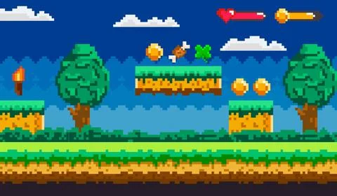 Retro Style Pixelated Platformer Game Scene with Trees and Floating Platforms 스톡 일러스트