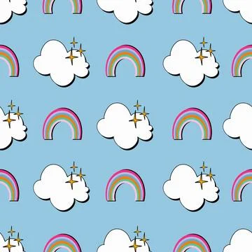 Retro style rainbow and cloud seamless pattern on blue background 스톡 일러스트