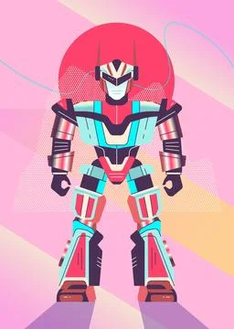 Retro Style Robot Warrior with Protective Armor in Geometric Art on Pink Stock Illustration