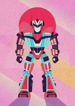 Retro Style Robot Warrior with Protective Armor in Geometric Art on Pink Stock Illustration