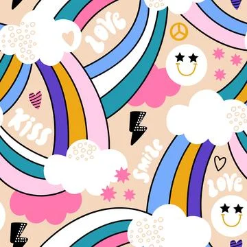 Retro style seamless pattern with clouds, rainbows, emoji, flash sign. Illustrazione stock