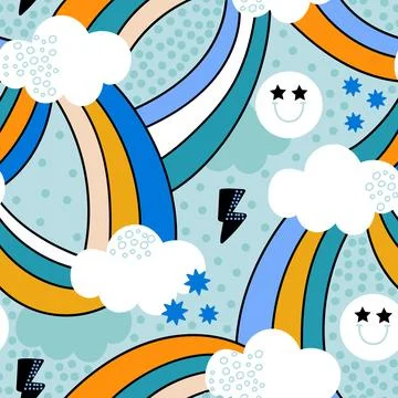 Retro style seamless pattern with clouds, rainbows, emoji, flash sign. Stock Illustration