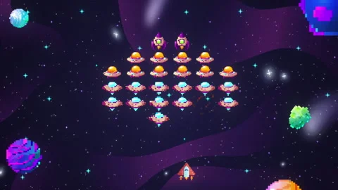 A retro-style space game scene with a spaceship shooting at rows of aliens Stock Footage 310929985