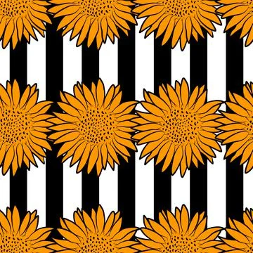 Retro style sunflower seamless pattern with black stripes. Abstract floral bo Stock Illustration