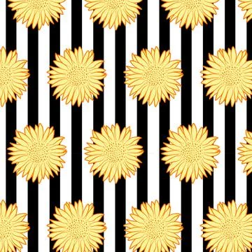 Retro style sunflower seamless pattern with black stripes. Abstract floral bo Stock Illustration