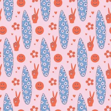 Retro style surfboard seamless pattern. Vintage cool vibes background. Stock Illustration
