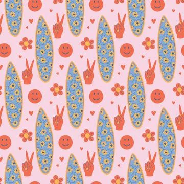 Retro style surfboard seamless pattern. Vintage cool vibes background. Stock Illustration
