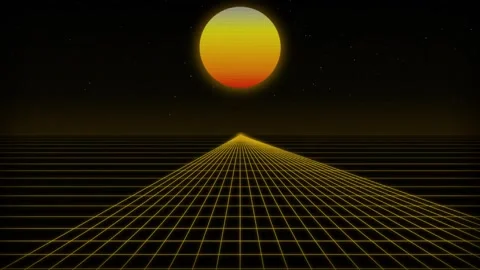 Retro Style Synthwave Sunrise Over Digital Grid Landscape Motion Background Stock Footage 345598882