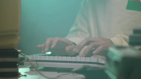 Retro Style Typing on a Vintage Computer Keyboard 80s 90s Stock Footage 113636915