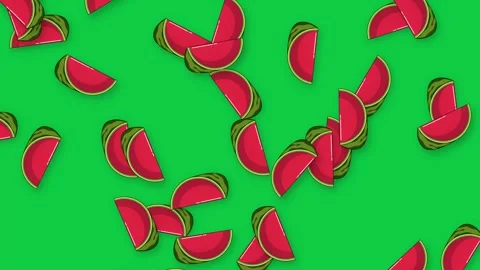 Retro Style Watermelon Slices Falling on Solid Green Background Stock Footage 339528157