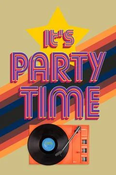 Retro styled eighties illustration with text it's party time and record playe Stock Illustration