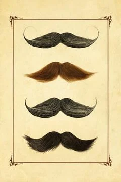 Retro styled image of four classic mustaches in a decorative frame Stock Photos