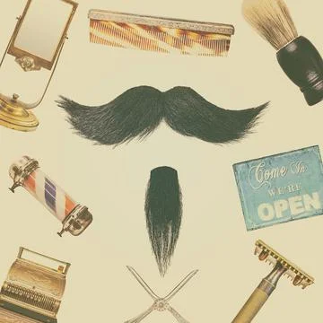Retro styled image of a mustache with a set of barber shop supplies Foto stock
