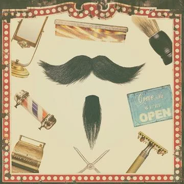 Retro styled image of a mustache with a set of barber shop supplies Stock Photos