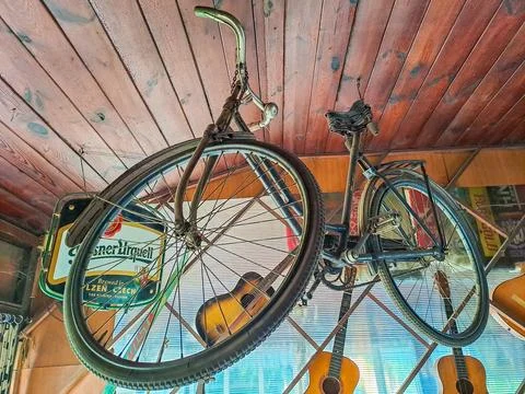 Retro styled image of nineteenth century bicycle isolated Suspended the ceiling Stock Photos