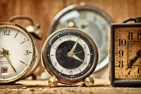 Retro styled image of old alarm clocks 库存照片