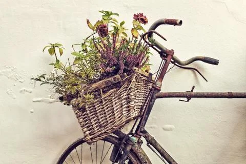 Retro styled image of an old bicycle with basket 스톡 사진