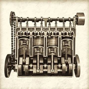 Retro styled image of an old classic car engine Foto stock
