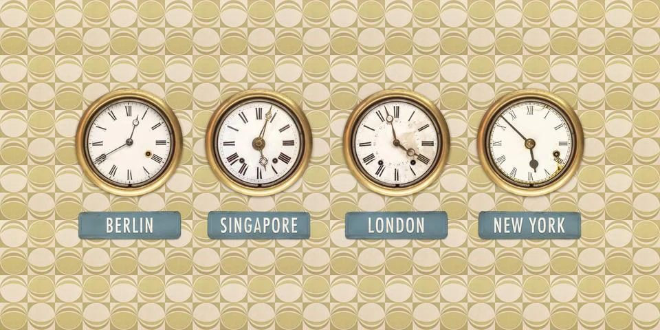 Retro styled image of old clocks with world times Stock Illustration
