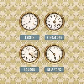 Retro styled image of old clocks with world times Stock Photos