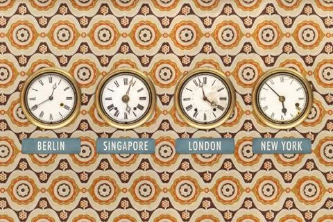Retro styled image of old clocks with world times Stock Photos