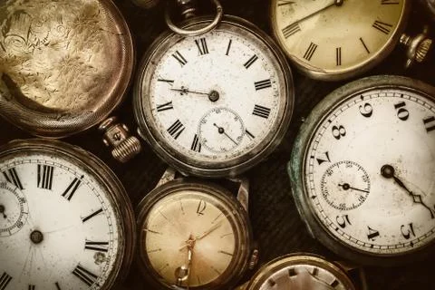 Retro styled image of old pocket watches Stock Photos