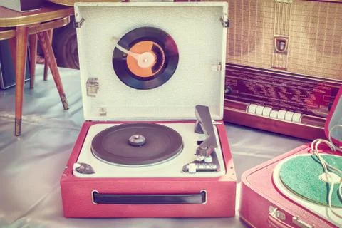 Retro styled image of an old record player Stock Photos