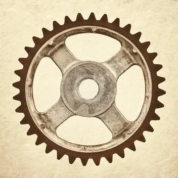Retro styled image of an old weathered gear wheel Stock Photos