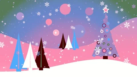 Retro-styled winter landscape with a colorful abstract Christmas tree and Stock Footage 346570276
