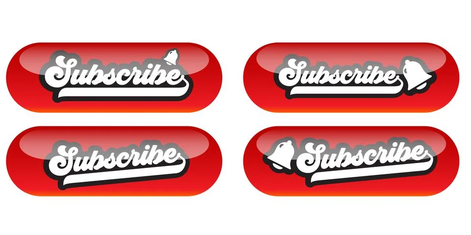 Retro Subscribe button set. Red glossy UI elements with notification bell icon Stock Illustration