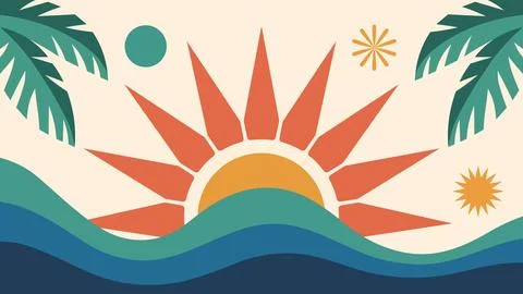 Retro Summer Beach Sunset Wave Background Vector With Tropical Palm Leaves 스톡 일러스트