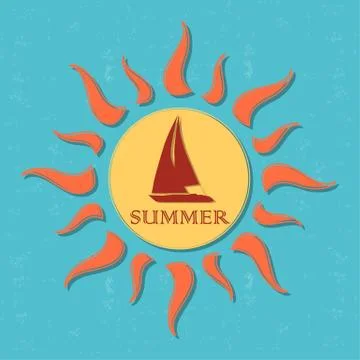 Retro summer label with sun, rays and boat Stock Illustration