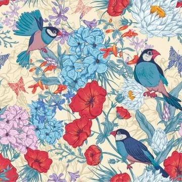 Retro Summer Seamless Floral Pattern with Birds and Butterflies Stock Illustration