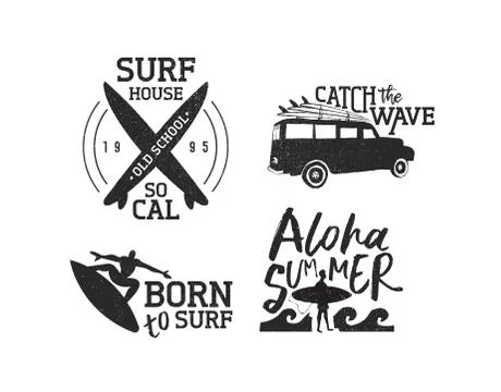 Retro summer surf label set of men surfing Stock Illustration