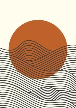 Retro sun and waves boho minimalist printable wall art. Geometric abstract Stock Illustration