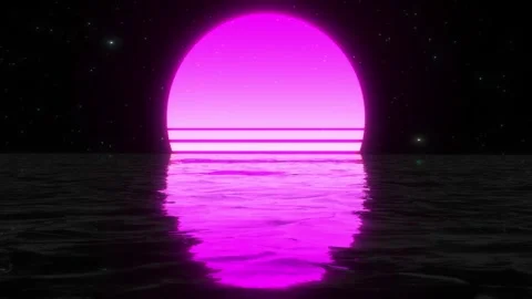 Retro sun sunset on a starry sky and water waves Video stock 268576943