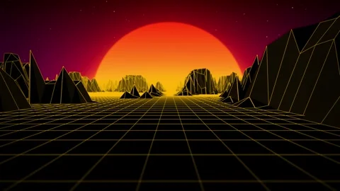 Retro sunset background with glowing yellow grid landscape and moving camera Stock Footage 276455058