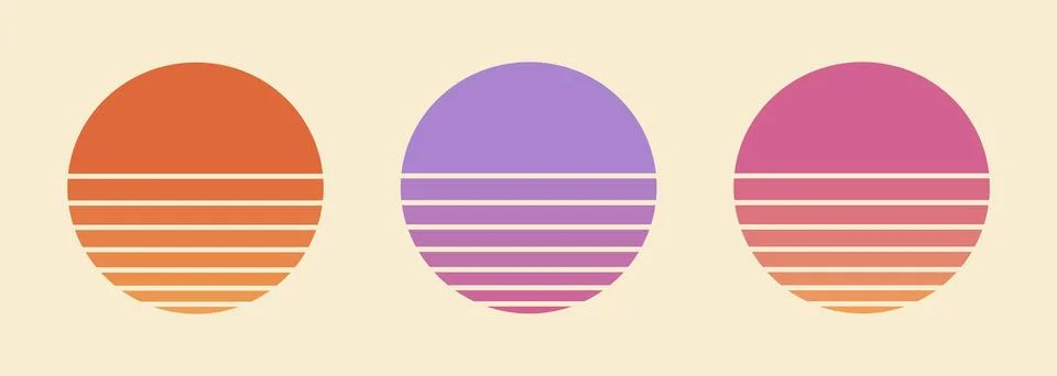 Retro sunset collection. Vector 80s vintage sun set Stock Illustration