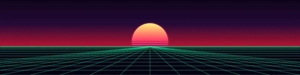 Retro sunset over digital grid landscape for synthwave theme 스톡 일러스트